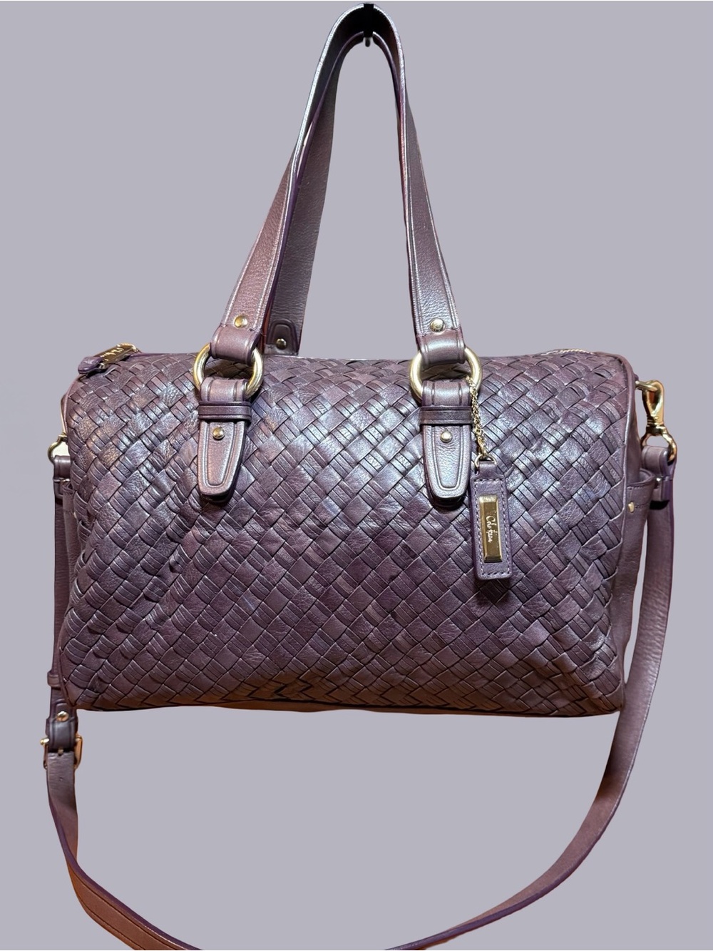 Cole Haan Heritage Jade Woven Leather Satchel Crossbody Plum Purple